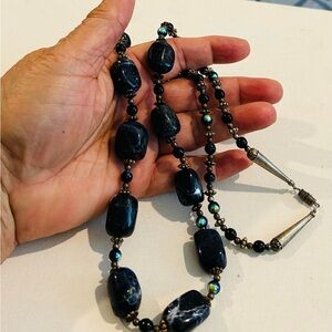 Elegant Natural Stone Dark Blue & small iridescent Beaded Necklace